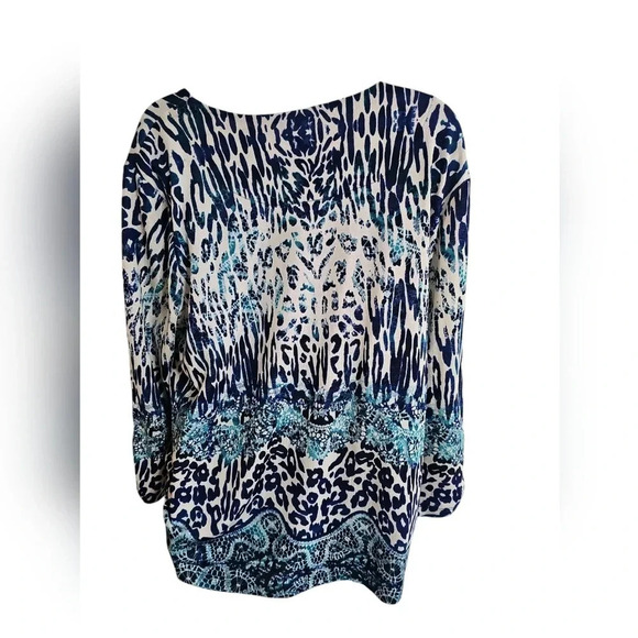 Chico's 3 XL Blue White Leopard Animal Print Flowy Boho Resort Y2K Blouse Top - Picture 3 of 6